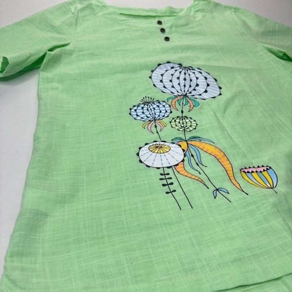 Women's 100% Cotton Lime Green Textured Blouse Floral Art Print Short Sleeve Top - Picture 4 of 12